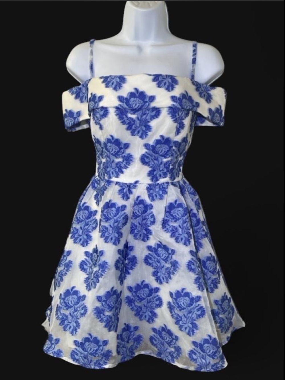 Girls White Dress with Blue Floral Print - Off-Shoulder Party Dress
